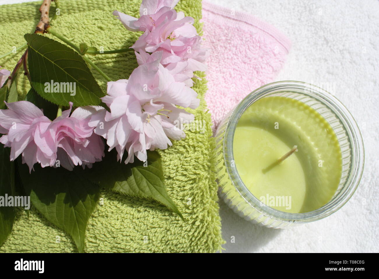 Cherry blossoms with candles Stock Photo