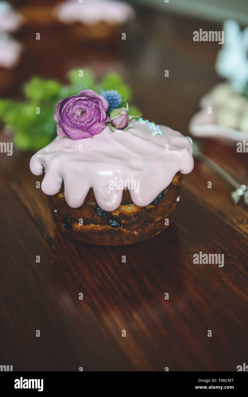Easter, Easter cake with a complex composition, beautiful scenery, dried fruits Stock Photo