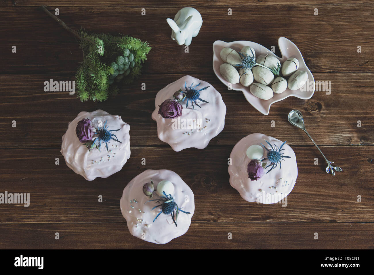 Easter, Easter cake with a complex composition, beautiful scenery, dried fruits Stock Photo
