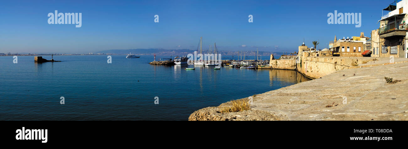 Harbor, ancient fort, sea panorama. Akko, Israel. Stock Photo
