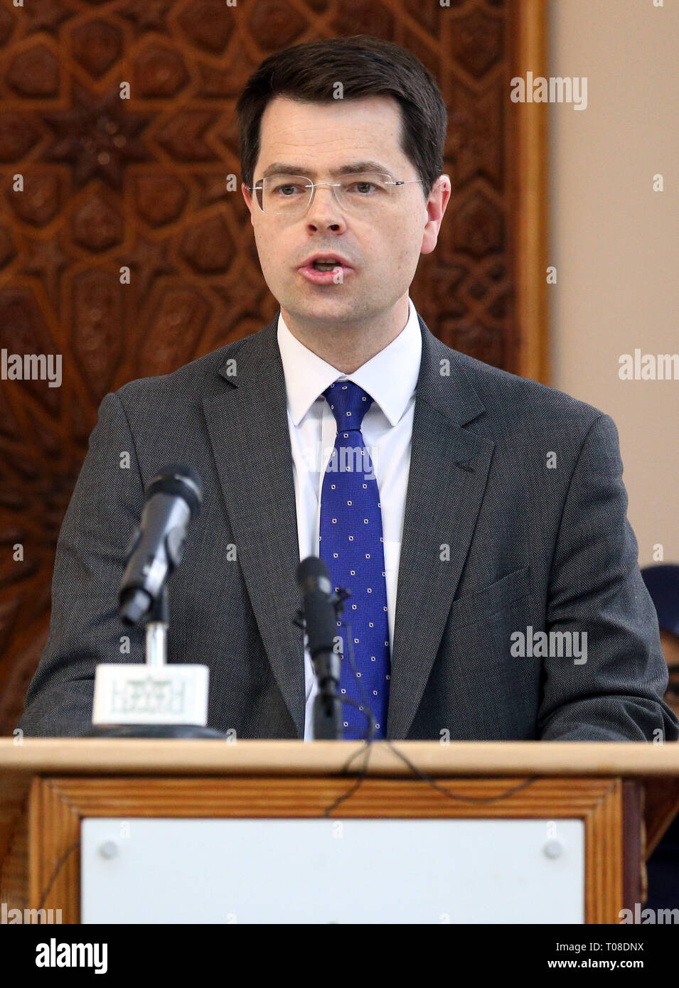 Secretary of State for Housing, Communities and Local Government, James Brokenshire, speaks at an Acting in Solidarity event held at Regents Park Mosque in north London, following Friday's attack on two mosques in Christchurch, New Zealand which killed 50 people. Stock Photo