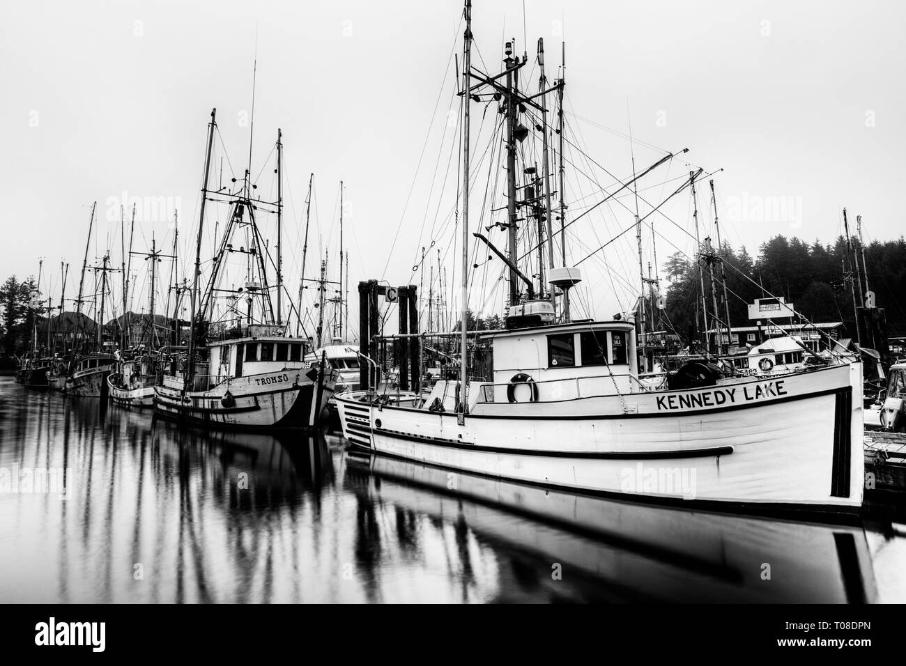 Fishing  boats docked in the Ucluelet Harbour in Ucluelet on Vancouver Island, British Columbia. Stock Photo