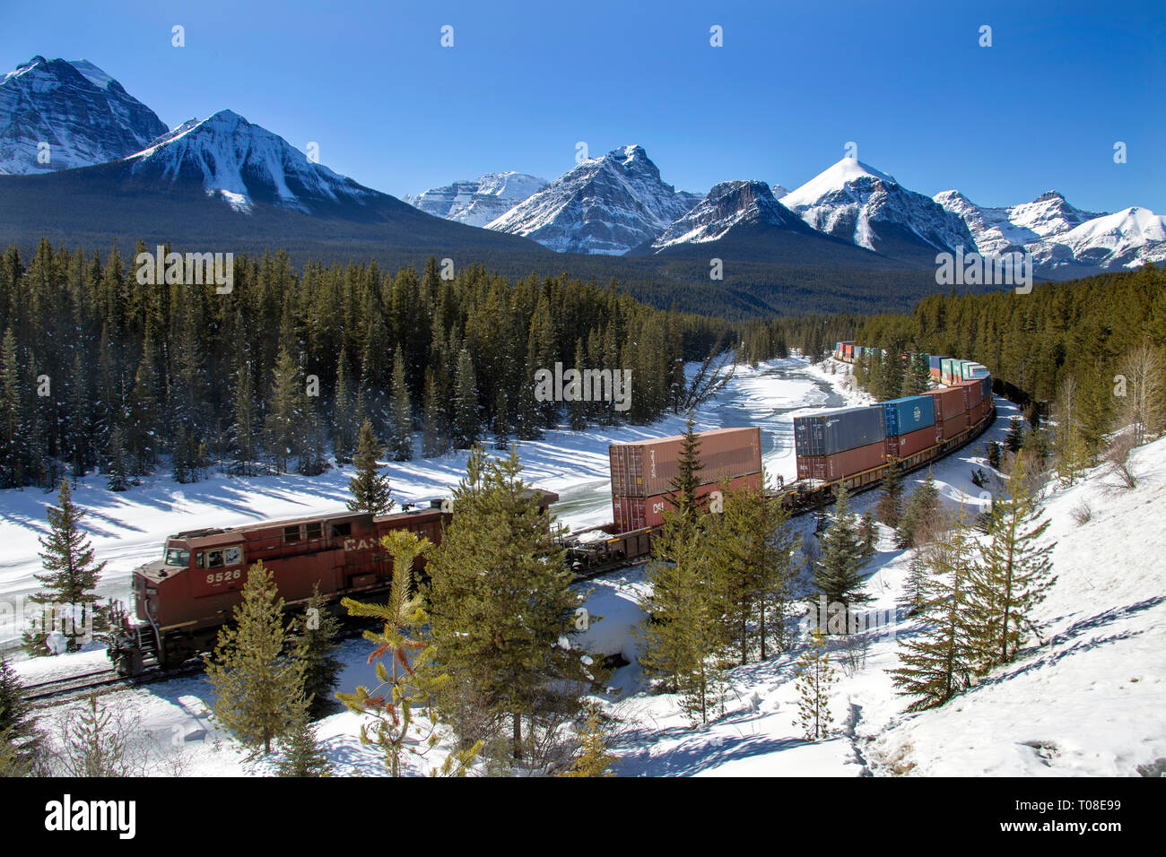 Lake Louise Rocky Mountains Train Tracks Morants Curve Canada Stock Photo