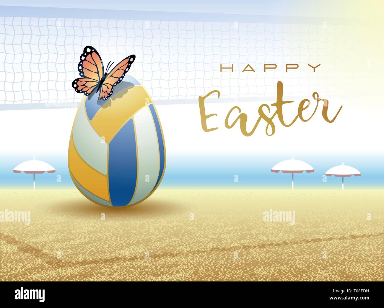 Happy Easter. Easter egg in the form of a beach volleyball ball with Butterfly. Vector illustration. Stock Vector