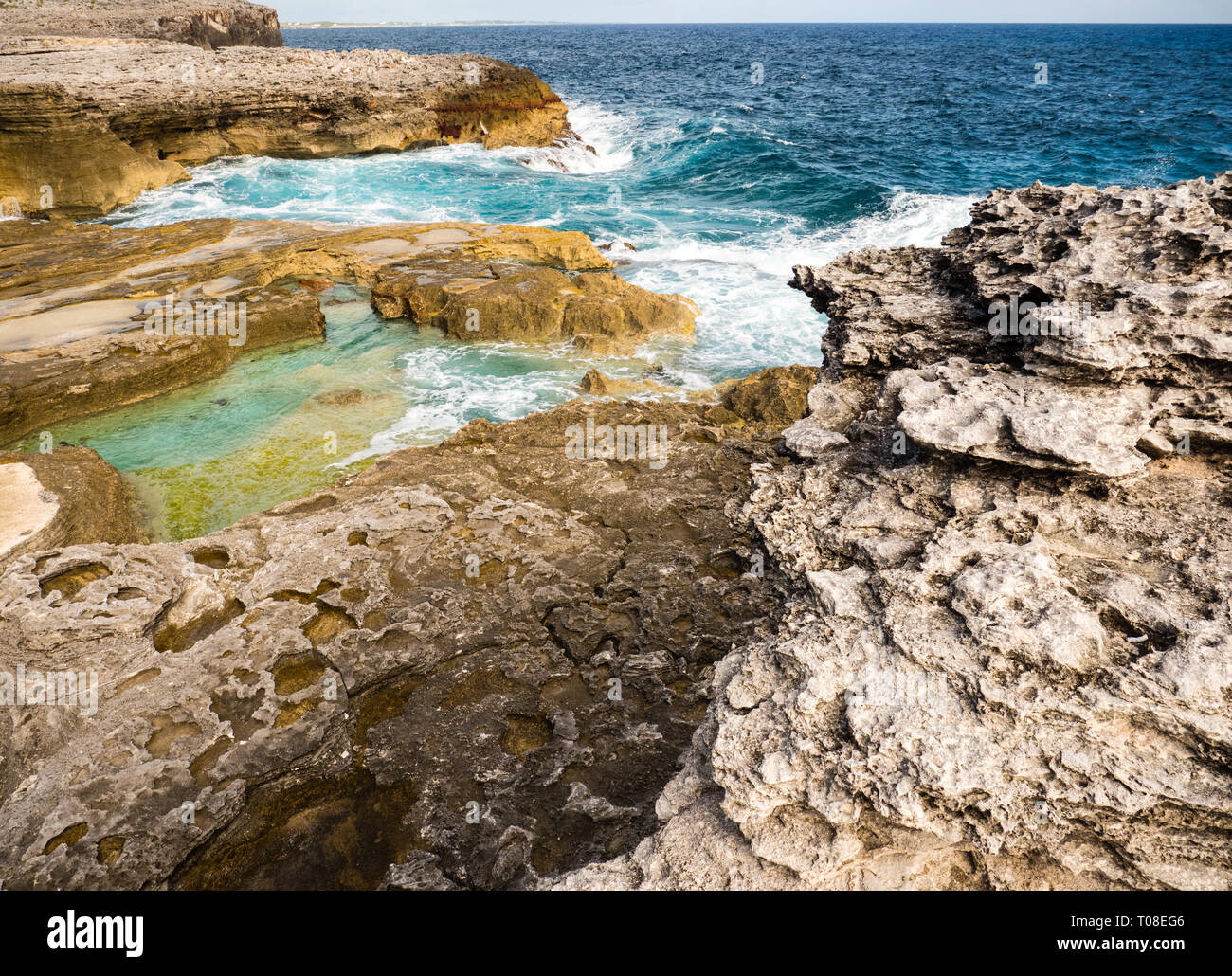 Waves Crashing on Limestone Cliffs,The Queens Baths, Tidal Pools