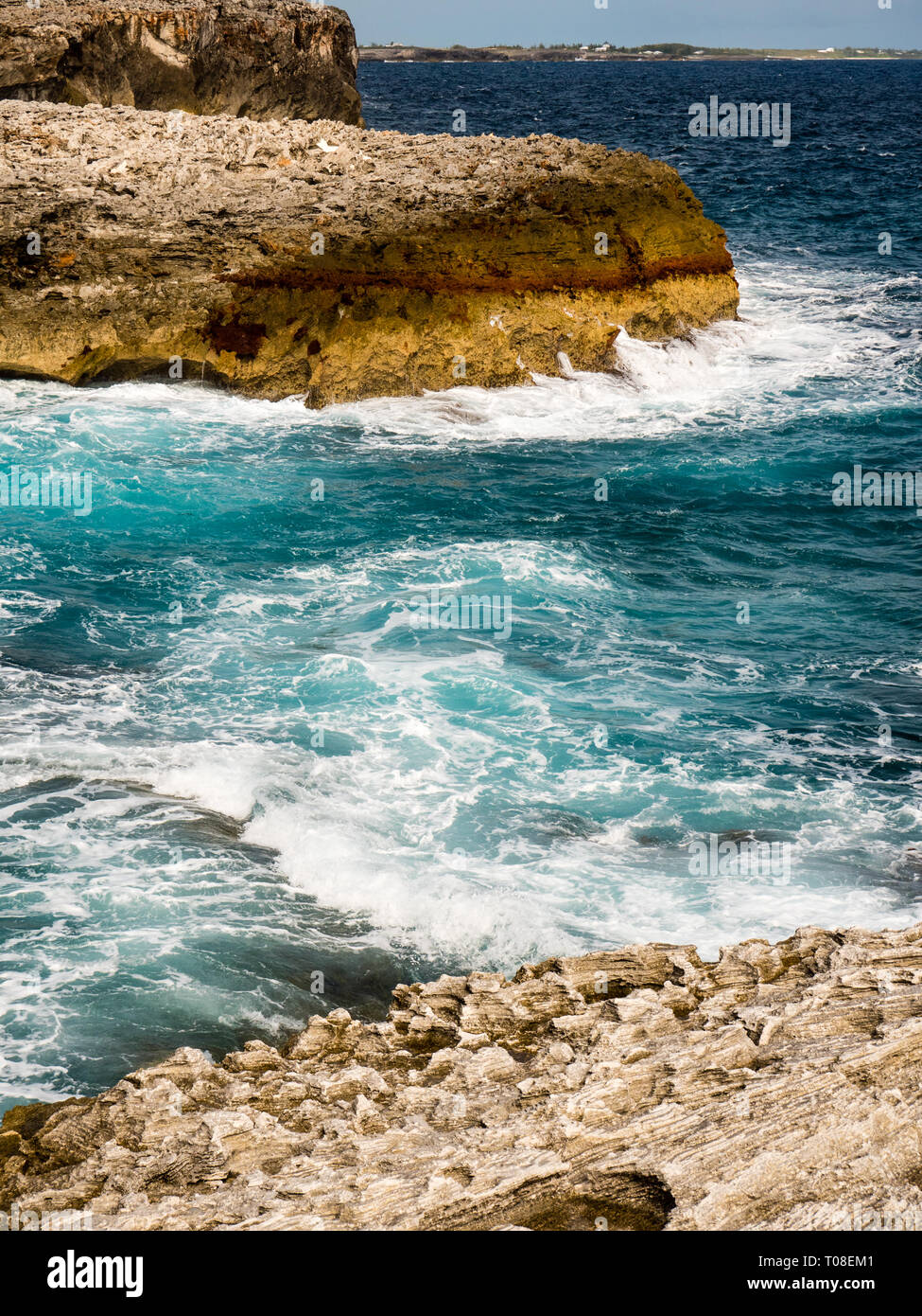 Waves Crashing on Limestone Cliffs,The Queens Baths, Tidal Pools