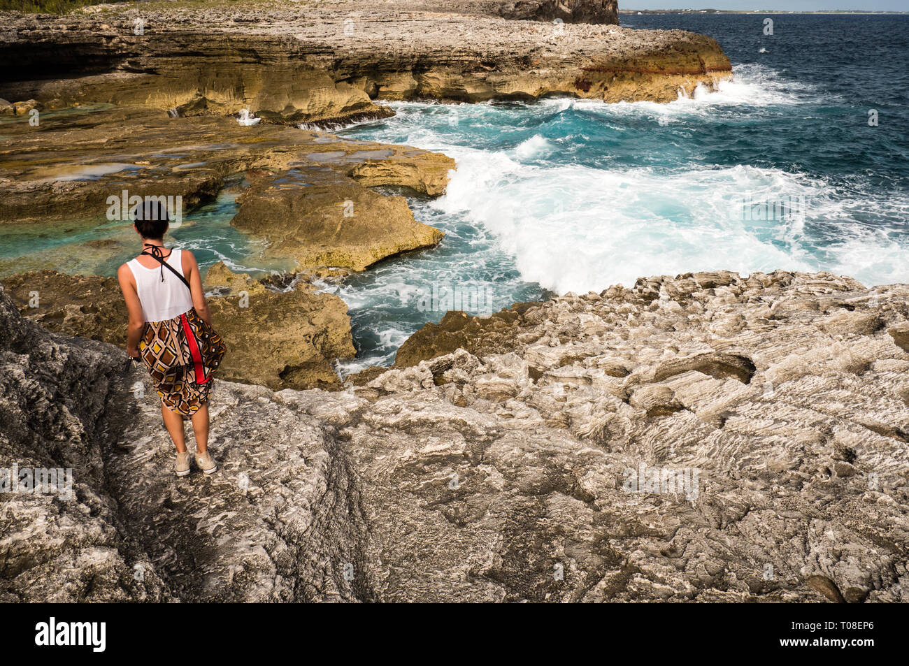 Tourist Watching, Waves Crashing on Limestone Cliffs,The Queens Baths