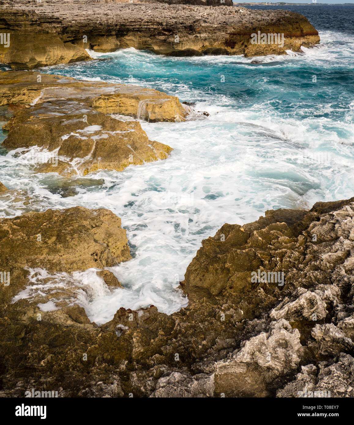 Waves Crashing on Limestone Cliffs,The Queens Baths, Tidal Pools