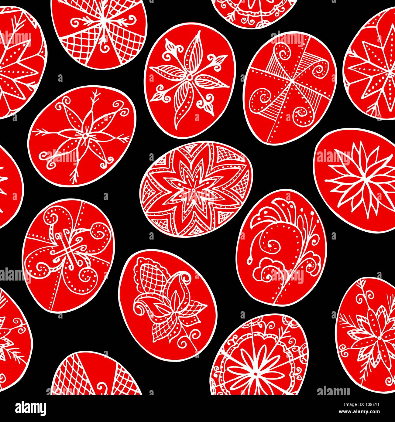 Easter eggs, red Paschal eggs seamless pattern, decorated with beeswax - to celebrate Easter. old tradition. Stock Vector