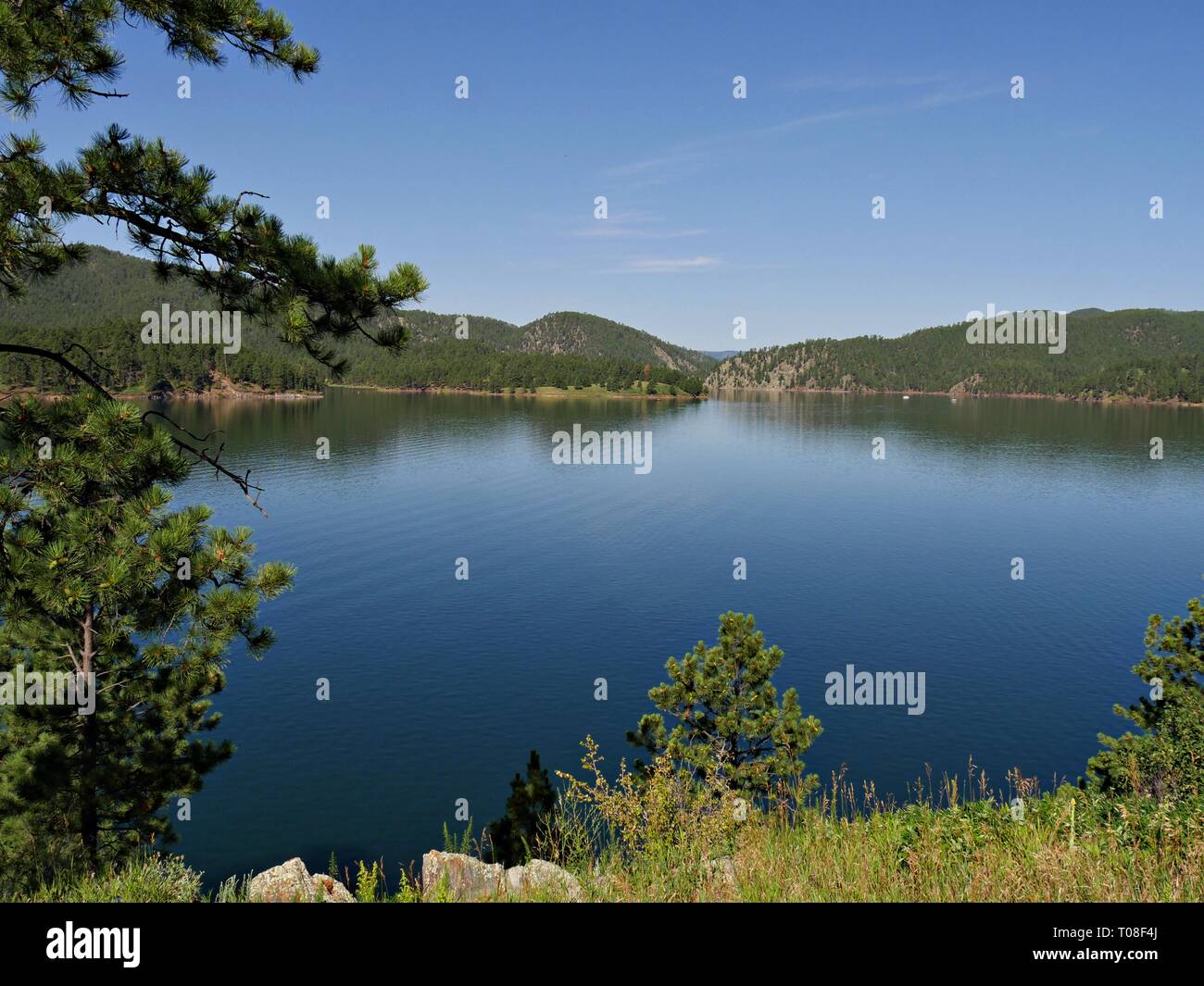 Wide shot of Pactola Lake, the largest reservoir in the Black Hills of ...