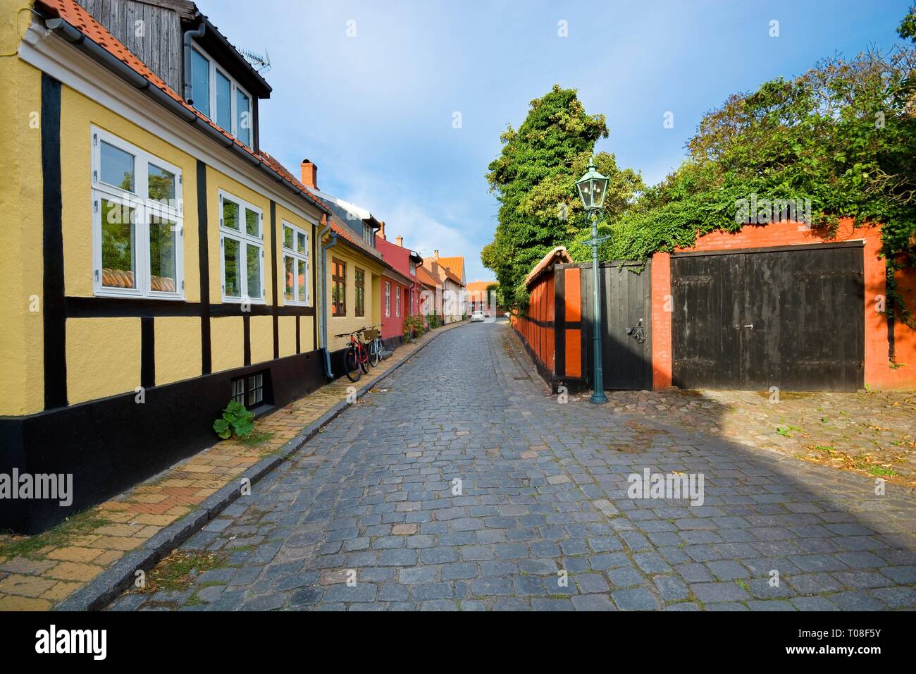 Traditional colorful halftimbered houses in Ronne, Bornholm, Denmark