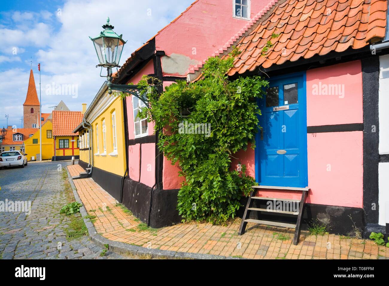 Traditional colorful halftimbered houses in Ronne, Bornholm, Denmark