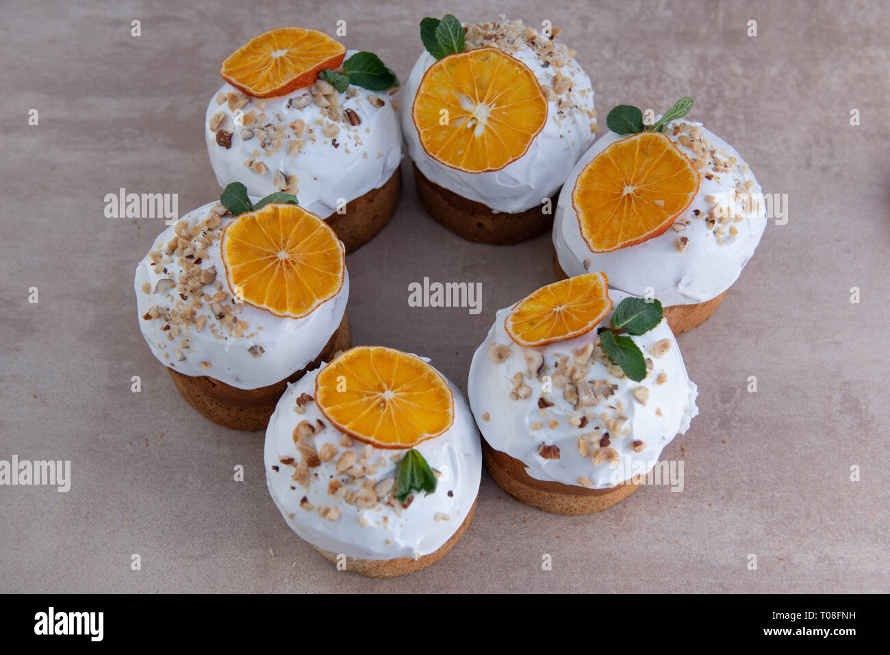 Easter, Easter cake with a complex composition, beautiful scenery, dried fruits Stock Photo