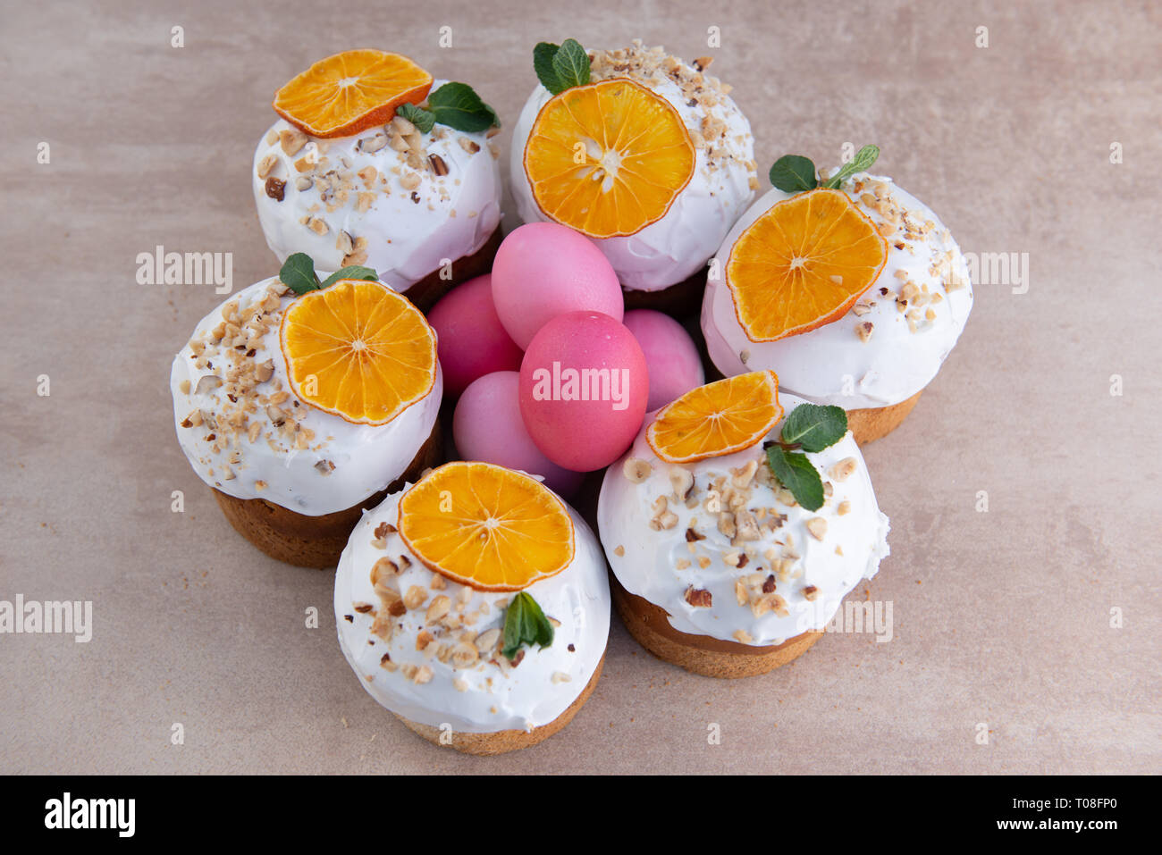 Easter, Easter cake with a complex composition, beautiful scenery, dried fruits Stock Photo