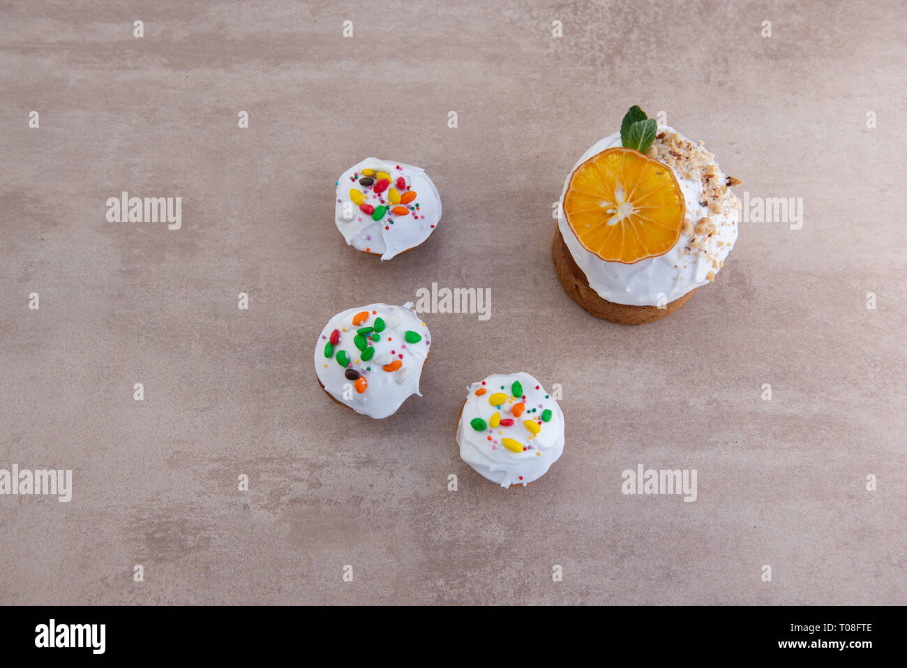 Easter, Easter cake with a complex composition, beautiful scenery, dried fruits Stock Photo
