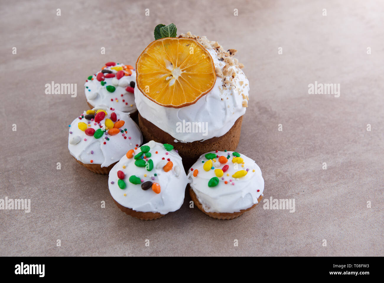 Easter, Easter cake with a complex composition, beautiful scenery, dried fruits Stock Photo