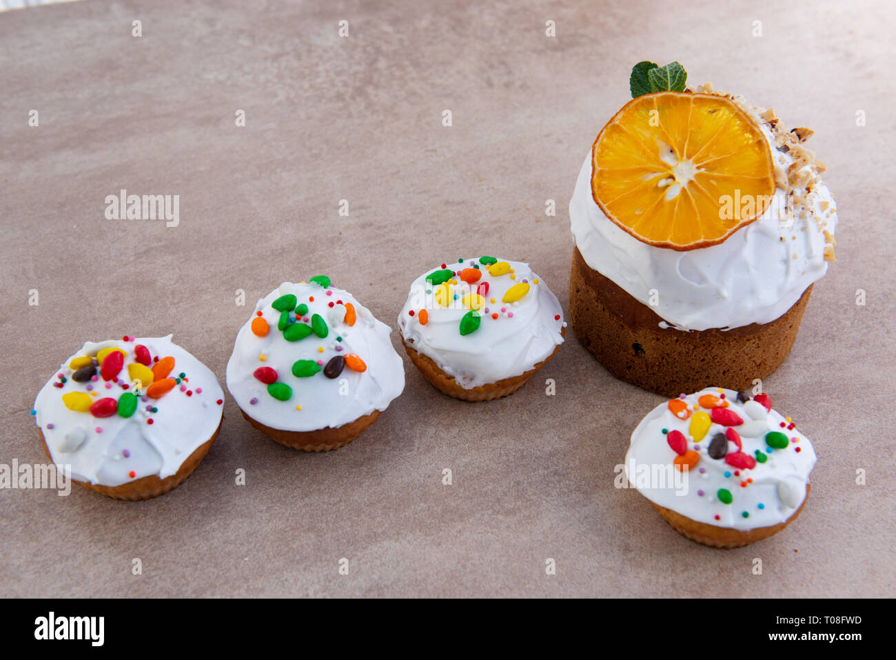 Easter, Easter cake with a complex composition, beautiful scenery, dried fruits Stock Photo