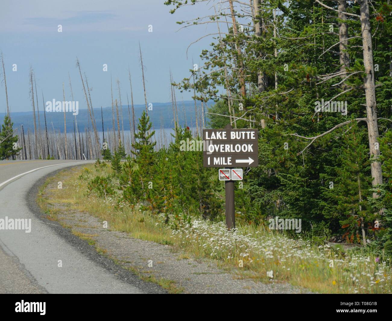 Roadside sign with directions to Lake Butte Overlook at the Yellowstone