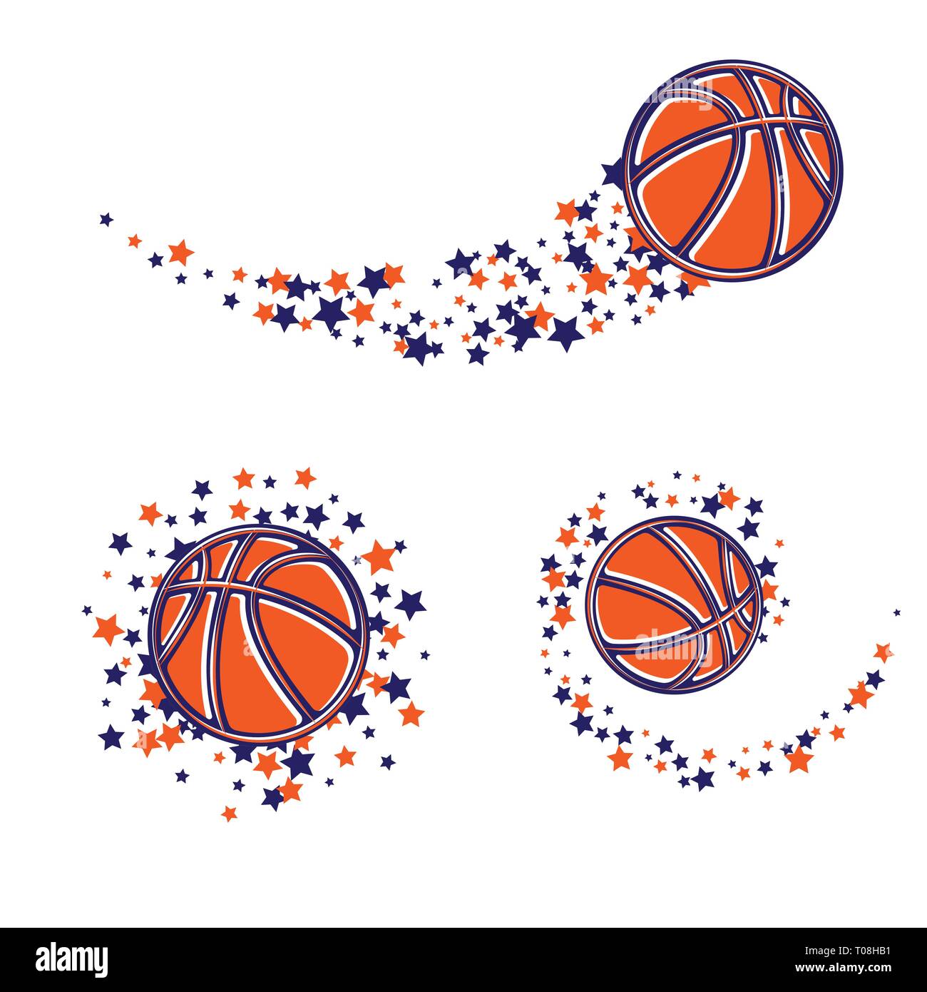 Abstract basketball symbols with star flying path differennt colors