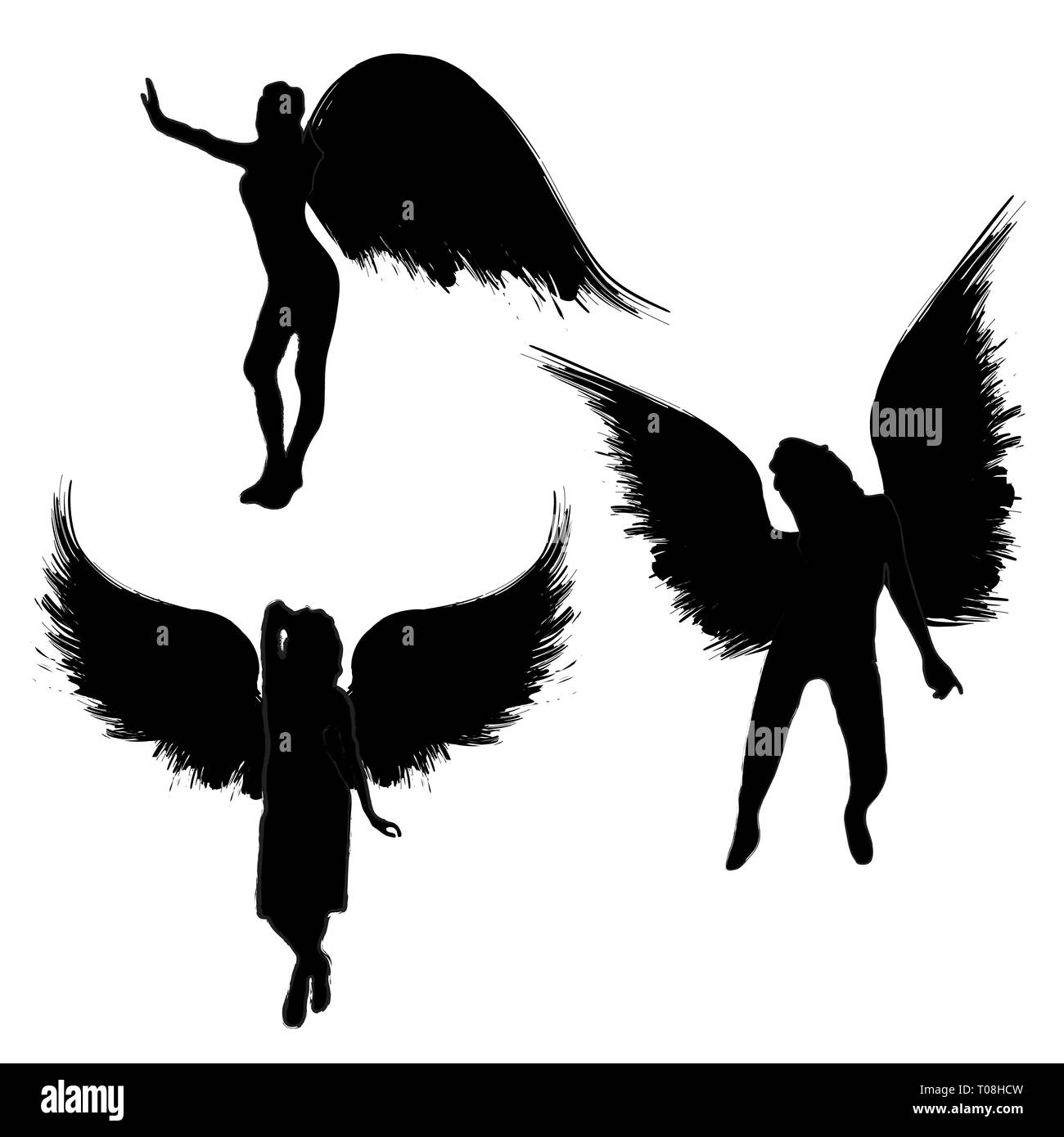 Three abstract woman silhouettes with grunge wings isolated on white background Stock Vector