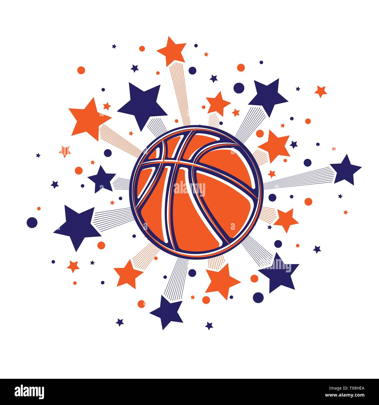 Red and blue abstract lines fireworks with basketball isolated on white background Stock Vector