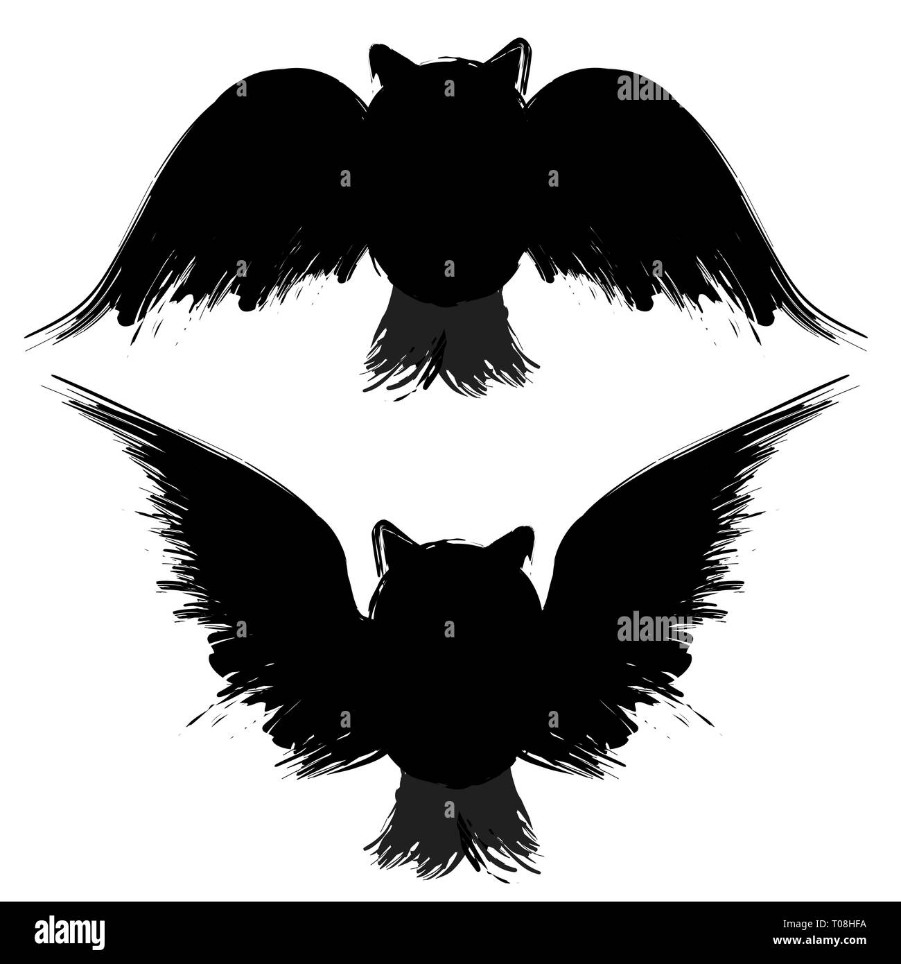 Black grunge ink owls silhouettes set isolated on white background ...