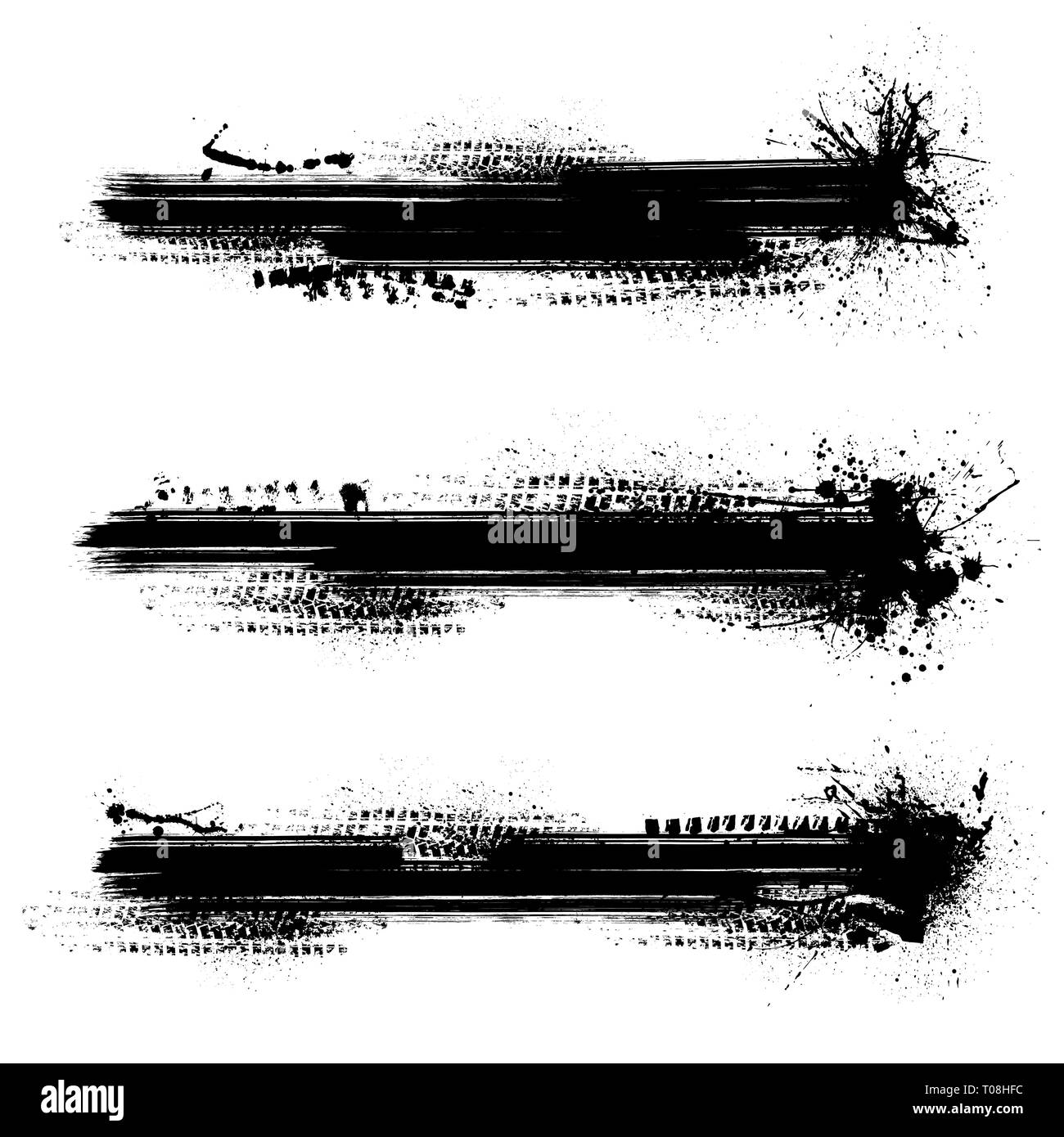 Set of three black grunge horizontal frames with tire tracks isolated