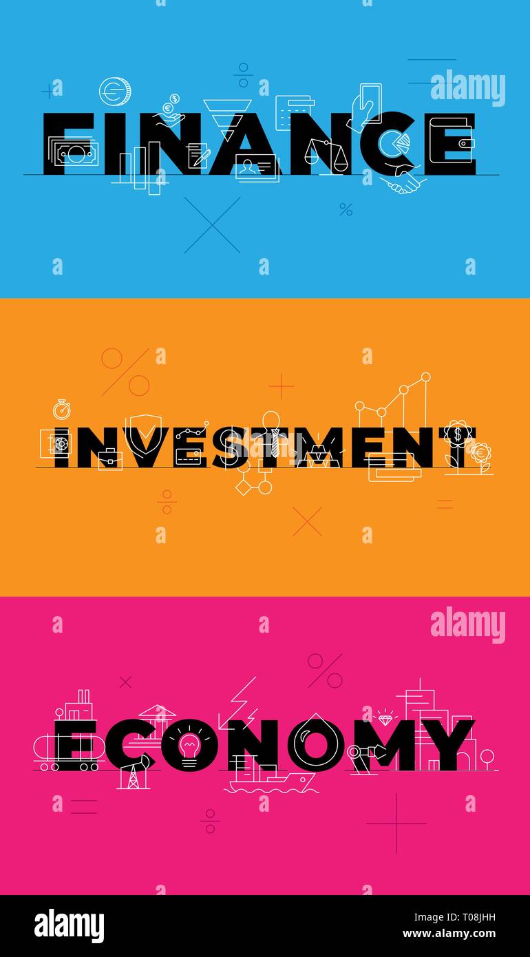 Finance investment economy on blue orange pink background. Conceptual visualization words. Outline vector icons set. Financial management payment sign Stock Vector
