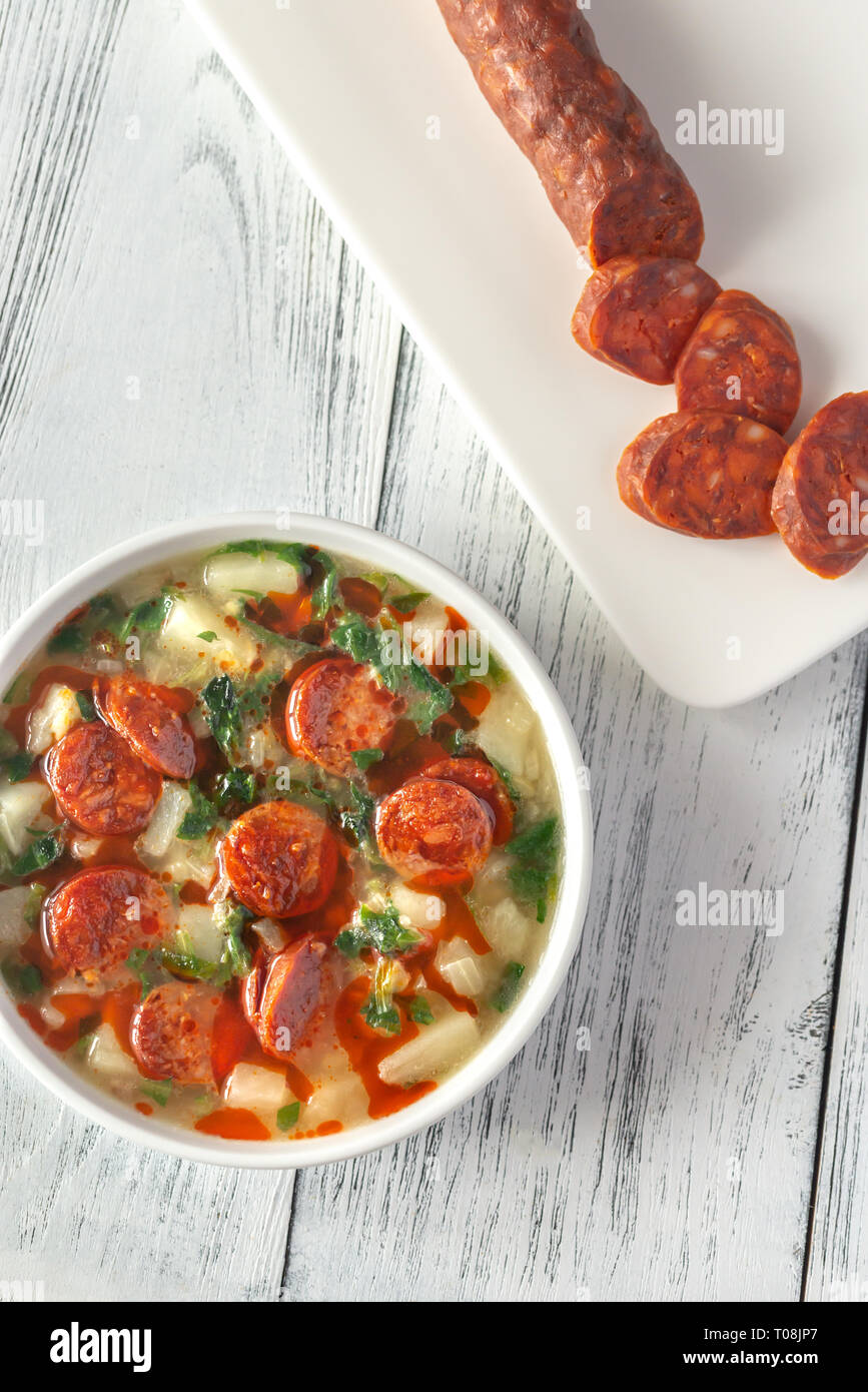 Portion of Portuguese Caldo verde soup Stock Photo