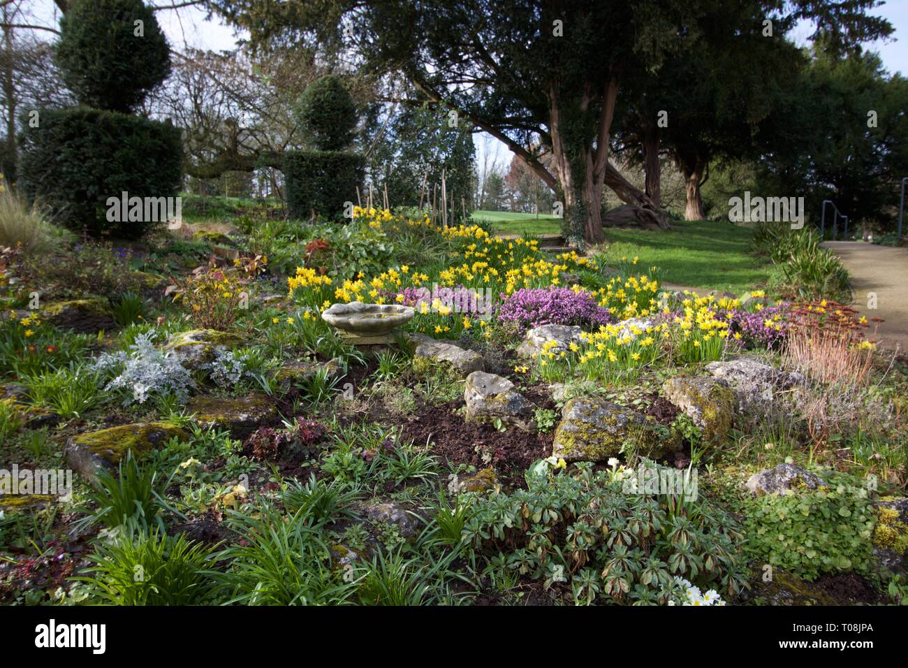 Spring garden with rockery and stone bird bath Stock Photo