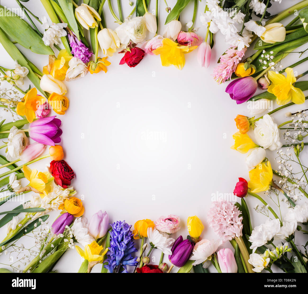 Easter and spring flat lay on a white background. Copy space Stock ...