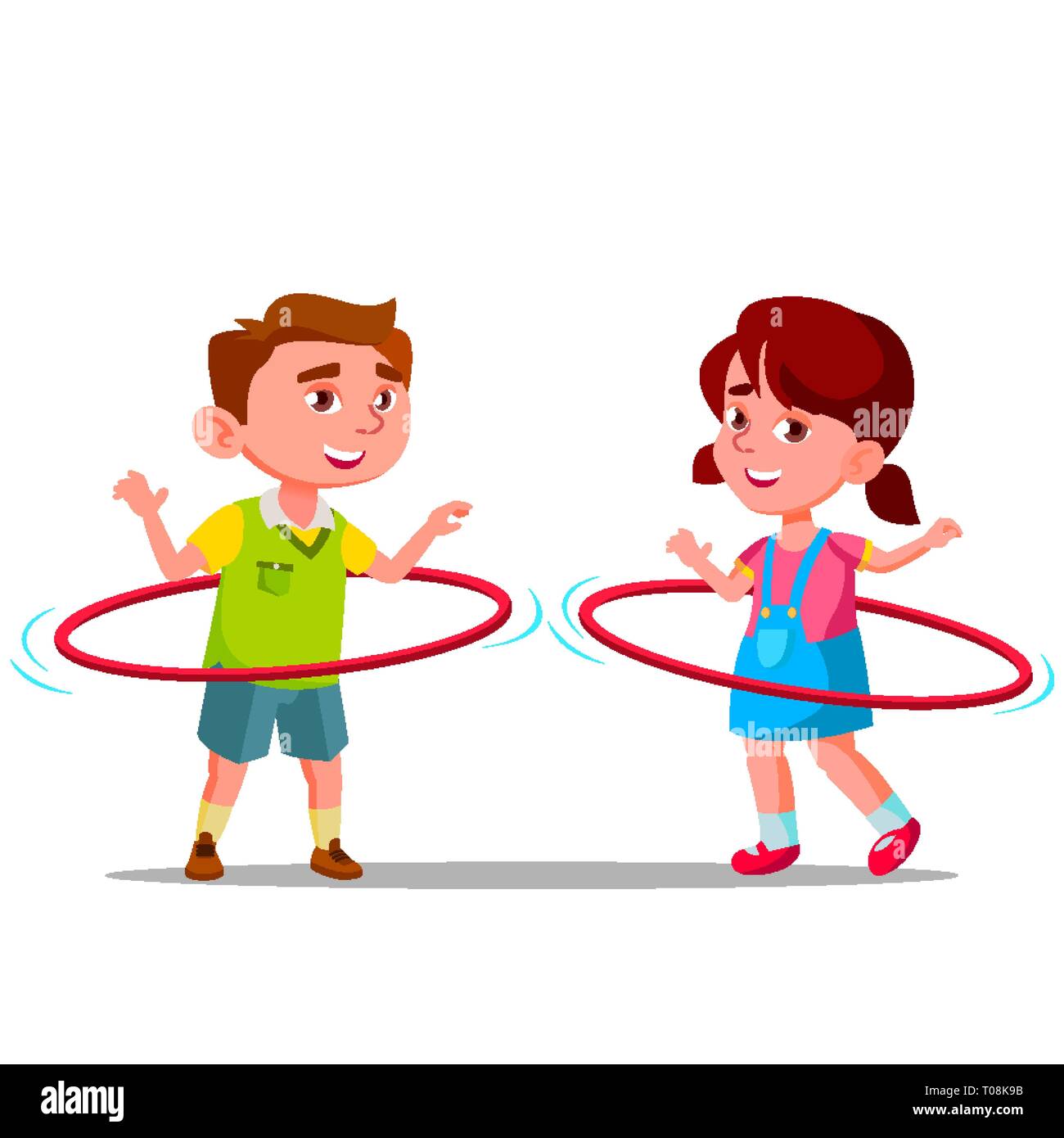 Little Boy And Girl Twirling Colored Huha Hoops Vector Flat Cartoon Illustration Stock Vector
