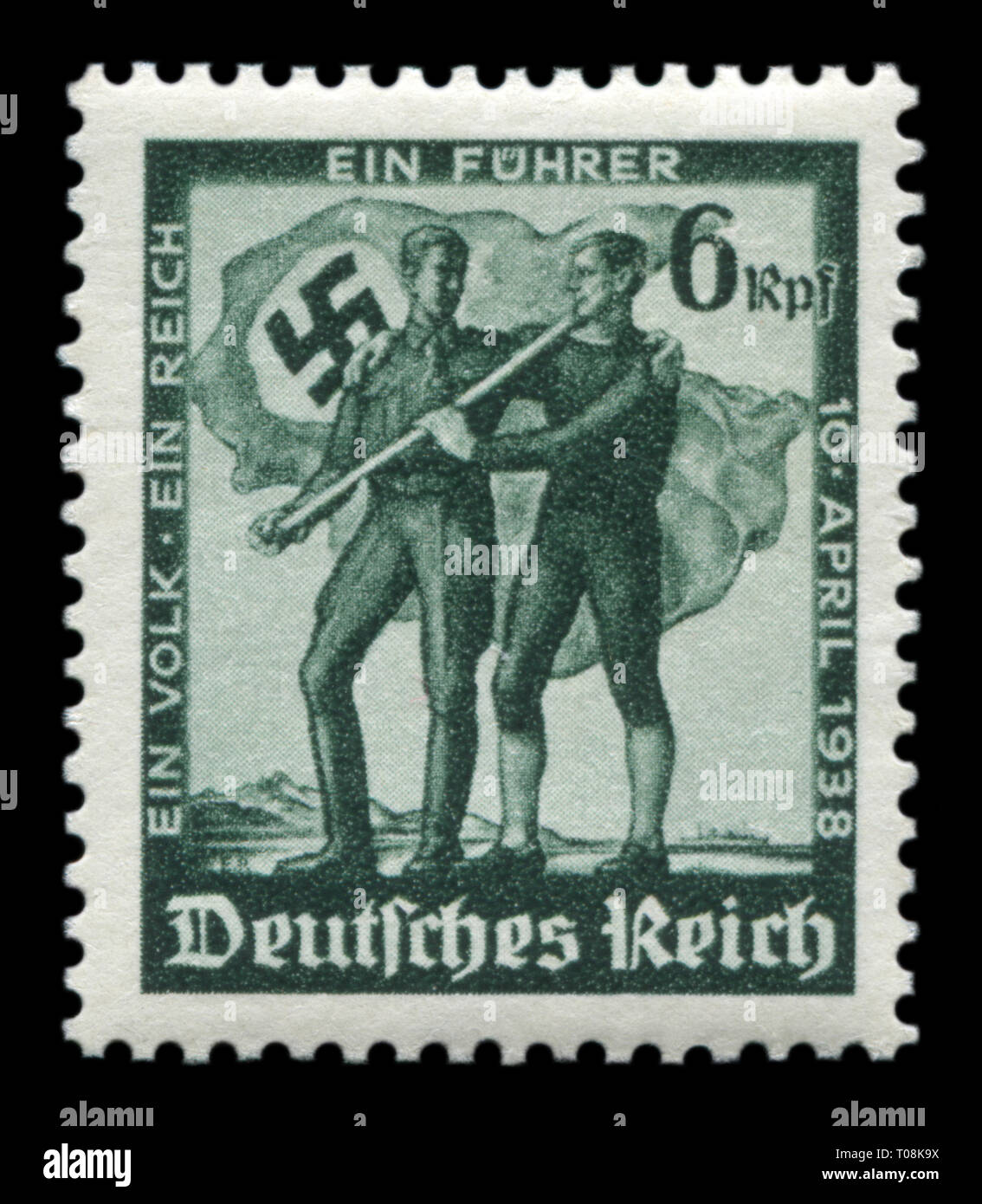 German historical stamp: German and Austrian soldiers under the same flag. Plebiscite on the annexation of Austria, 13 March 1938, Germany, third Reic Stock Photo