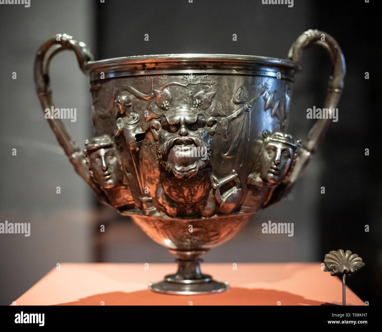 Copenhagen. Denmark. Berthouville Treasure, Roman drinking cup (Kantharos) with masks, AD 1-100. Ny Carlsberg Glyptotek.  On loan from the Bibliothèqu Stock Photo