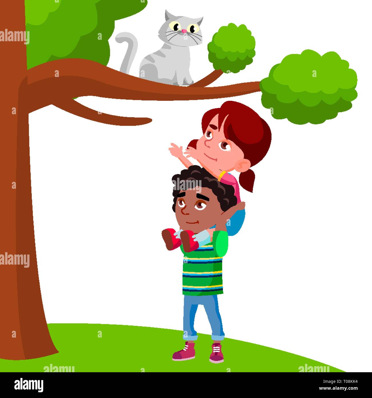 Little Girl Sits On The Boy Shoulders And Pulls Her Hands To Cat Sitting On Tree Vector Flat Cartoon Illustration Stock Vector