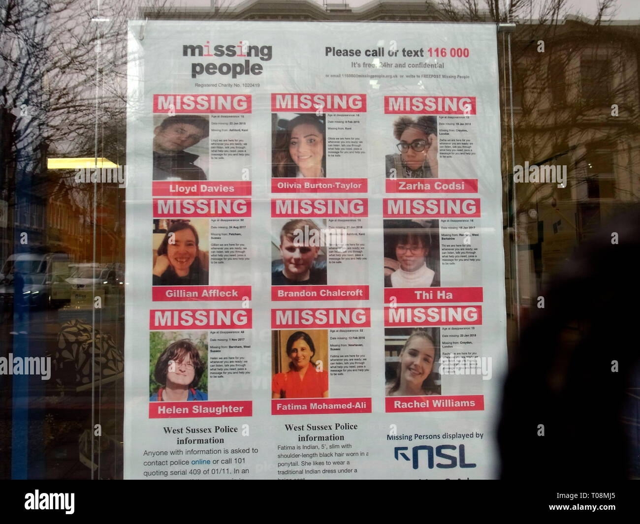 AJAXNETPHOTO. 2018. WORTHING, WEST SUSSESX, ENGLAND. - MISSING PERSONS - A POSTER OR NOTICE DPICTING IMAGES OF PERSONS REPORTED MISSING POSTED IN A PUBLIC PLACE IN THE TOWN OF WORTHING. NOTICE ISSUED BY CHARITY MISSING PEOPLE; PHOTO:JONATHAN EASTLAND/AJAX REF:GR180803 7737 Stock Photo
