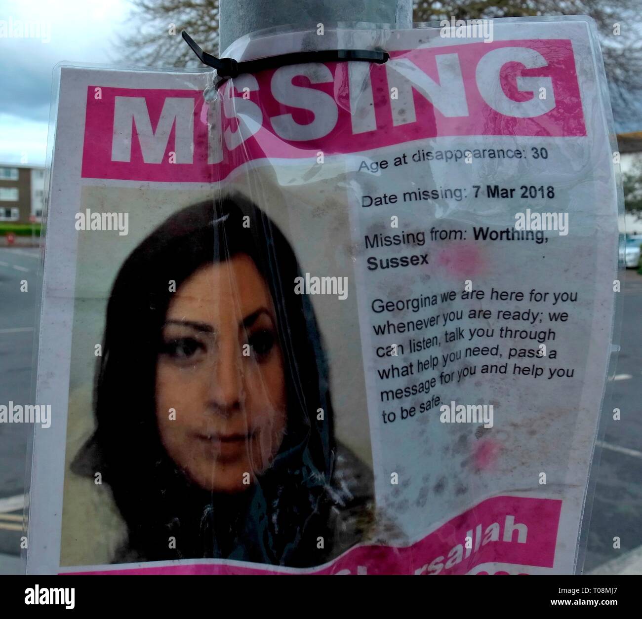 AJAXNETPHOTO. 2018. WORTHING, WEST SUSSESX, ENGLAND. - MISSING PERSONS - A POSTER OR NOTICE DEPICTING IMAGE OF A PERSON REPORTED MISSING POSTED IN A PUBLIC PLACE IN THE TOWN OF WORTHING. PERSON NAMED IN THIS NOTICE; GEORGINA GHARSALLAH, REPORTED MISSING 7TH MARCH, 2018. PHOTO:JONATHAN EASTLAND/AJAX REF:GR191403 8974 Stock Photo