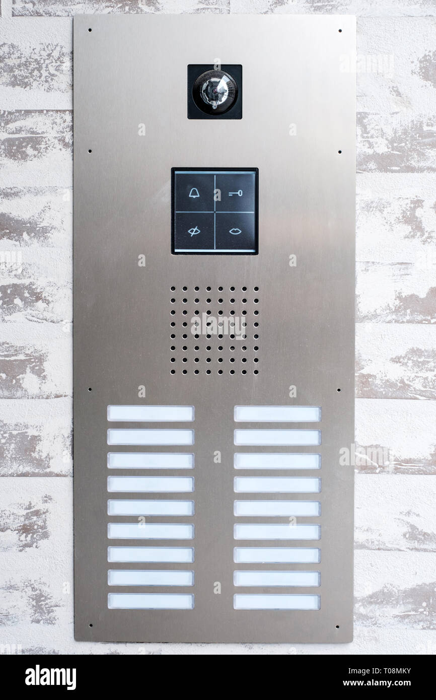 door intercom with camera, access control and door bells - Stock Photo