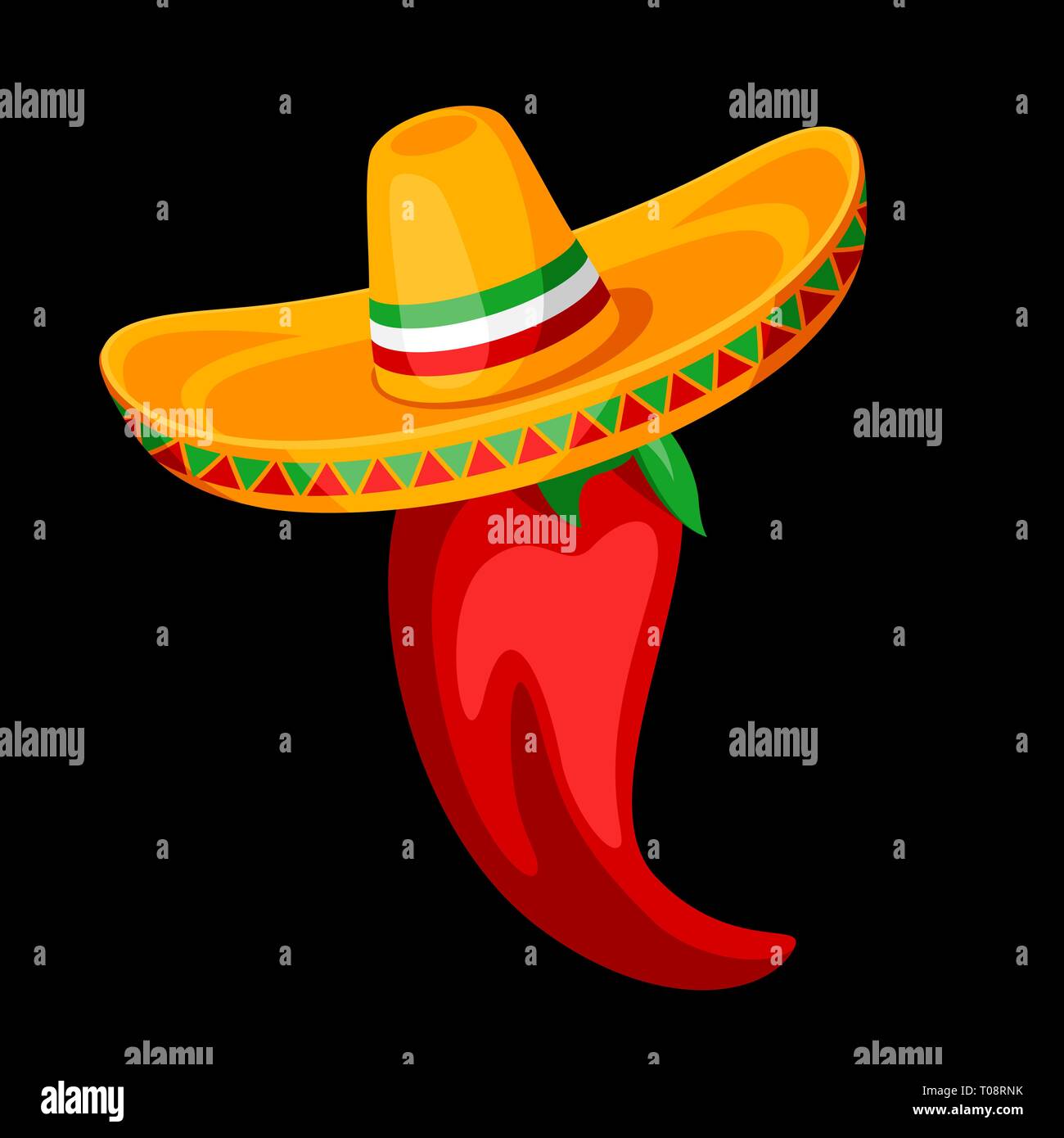 Illustration of red chili pepper in sombrero. Stock Vector