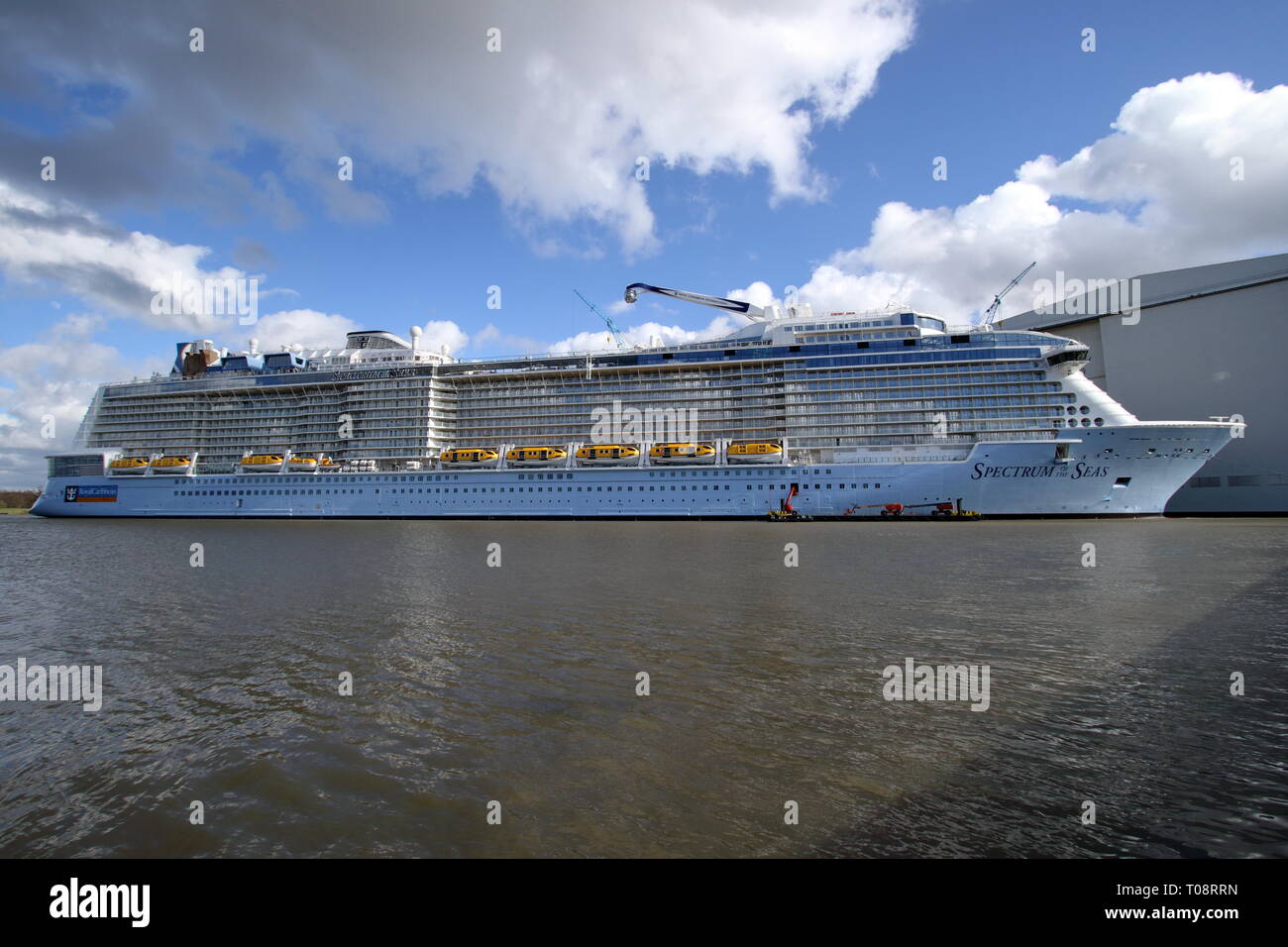 The new cruise ship Spectrum of the Seas is on 17 March 2019 in Papenburg at the Meyer shipyard. Stock Photo
