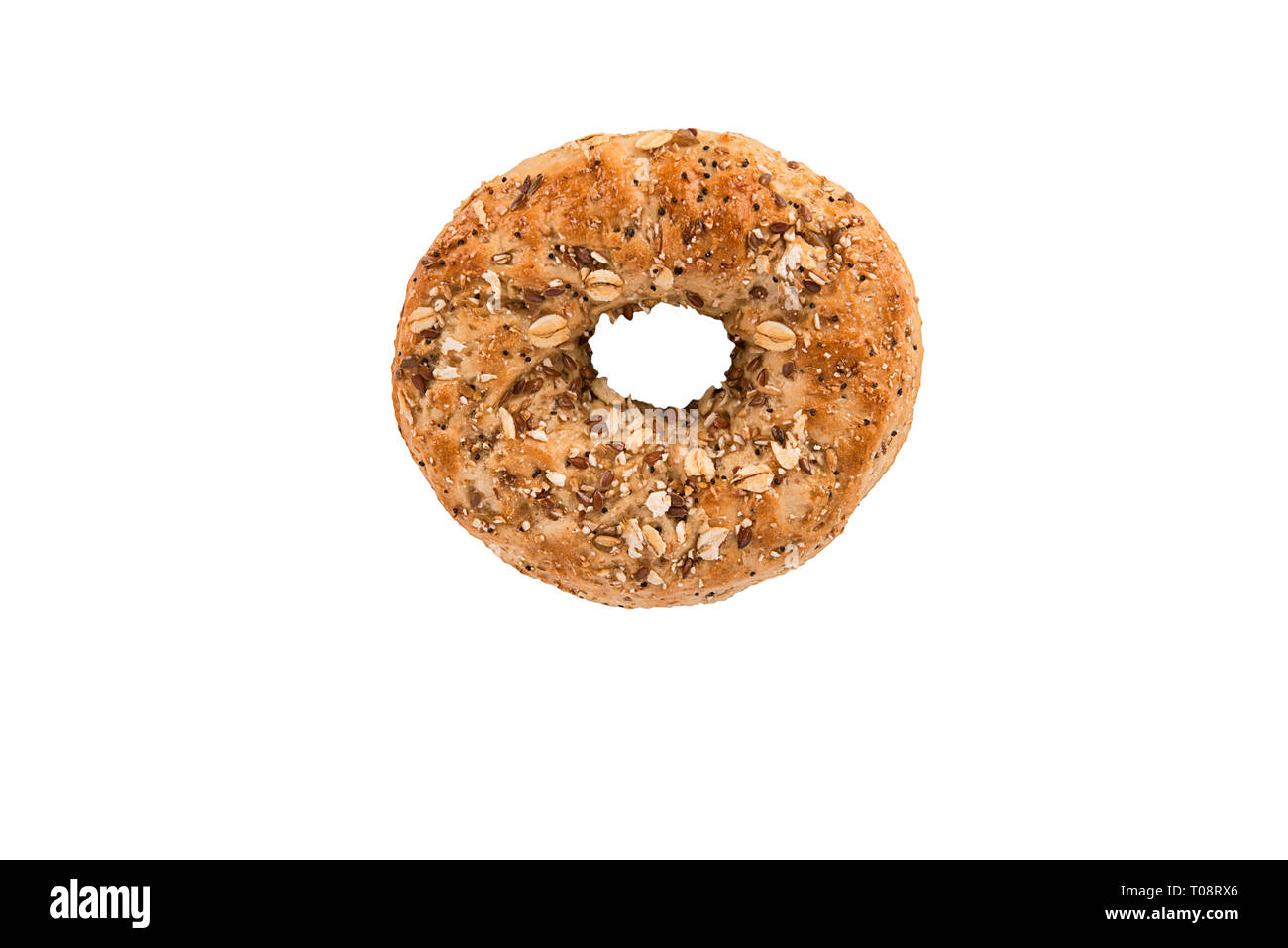 Multigrain bagel bread, directly above. Isolated on white background. Stock Photo