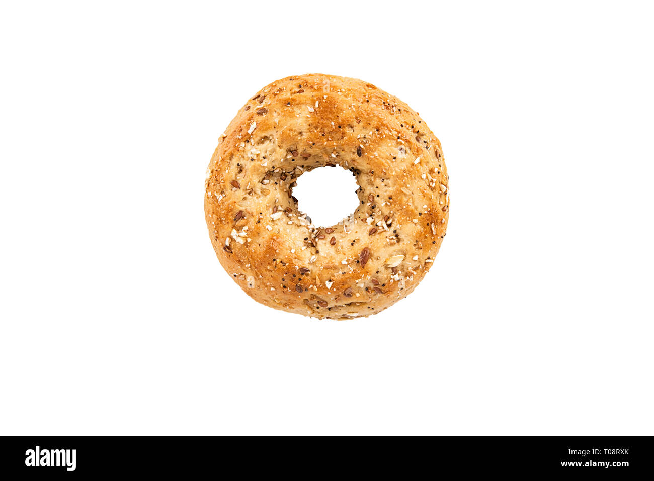 Multi-grain bagel bread, directly above. Isolated on white background. Stock Photo
