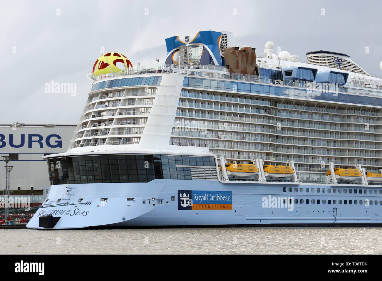 The new cruise ship Spectrum of the Seas is on 17 March 2019 in Papenburg at the Meyer shipyard. Stock Photo