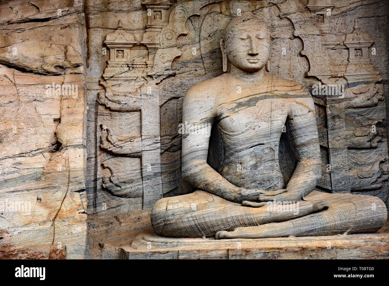 Gal Vihara seated Buddha statue, one of four Buddhas carved out of a single slab of granite, Polonnaruwa, Sri Lanka, Asia. Stock Photo