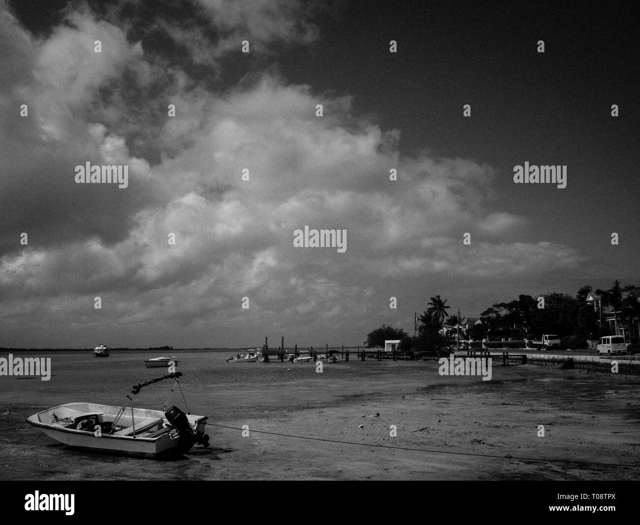 Black and White Landscape Photograph of Dunmore Town, Harbour Island, Eleuthera, The Bahamas. Stock Photo