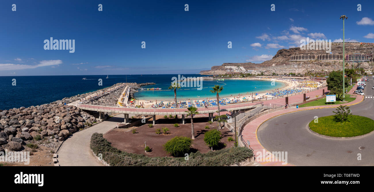 Holiday beach with palm trees at Amadores, Gran Canaria, Canary Islands Stock Photo