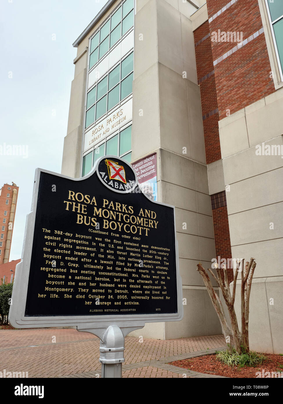 Rosa Parks bus boycott historical marker in front of the Rosa Parks Library and Museum in Montgomery Alabama, USA. Stock Photo