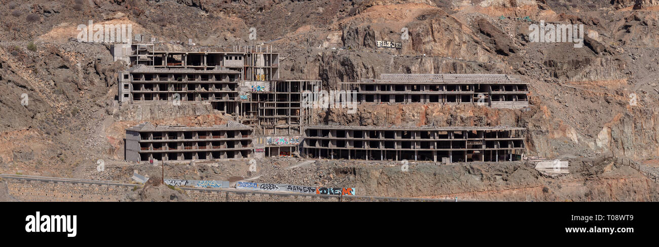 Abandoned unfinished hotel at Taurito, Gran Canaria, Canary Islands Stock Photo