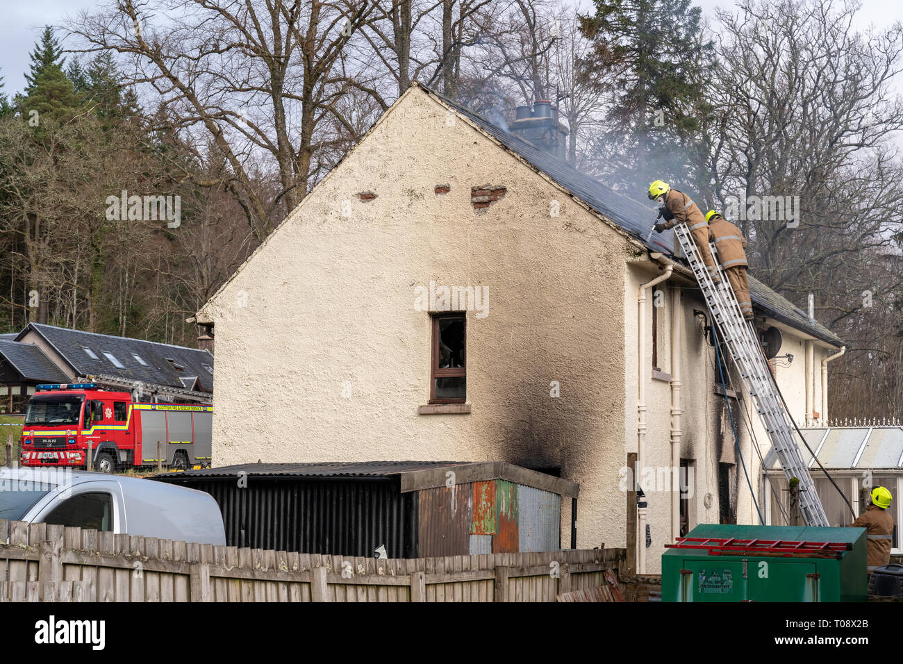 This is the scene of the Fire within the house at 3 Garry Crescent, Invergarry, Highlands, Scotland on 18 March 2019. Nobody was injured. Stock Photo