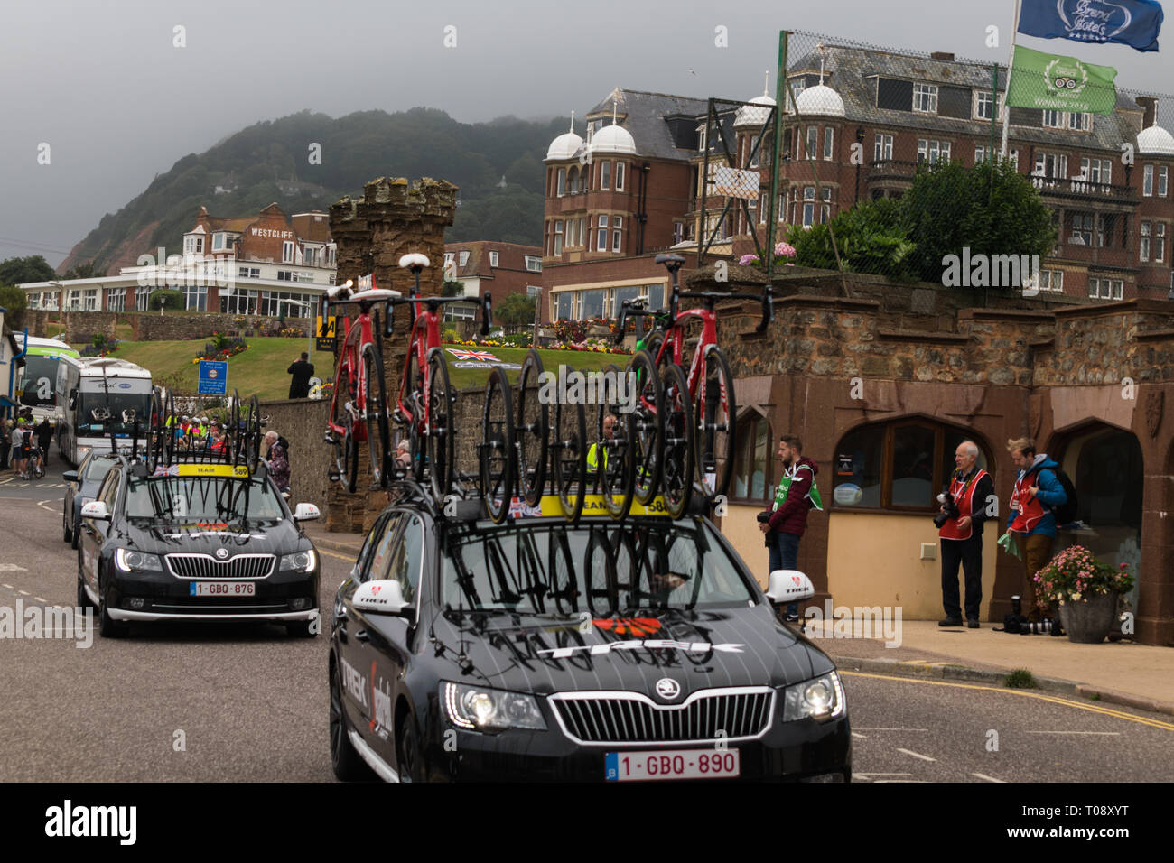 A Trek Segafredo team car prior to stage 6 (Sidmouth to Haytor) of the 2016 Tour of Britain in Sidmouth, East Devon, South West England, UK. Stock Photo